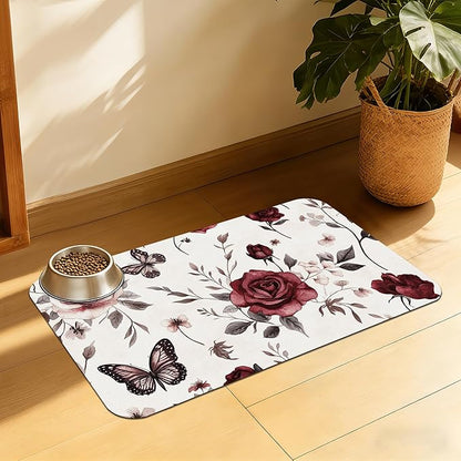 Vintage Flower Butterfly Dog Cat Food Mat, Absorbent Feeding Placemat, Waterproof Non-Skid Bottom – 12x20 Inch
