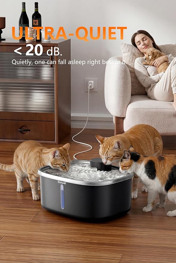 Water Fountain for Dogs Indoor Homes Stainless Steel 10L/2.64GAL Plug in Plastic Reservoir Stainless Steel Water Bowl Filtered Multi-Pet Quiet Large Black Plug-in &1Filter