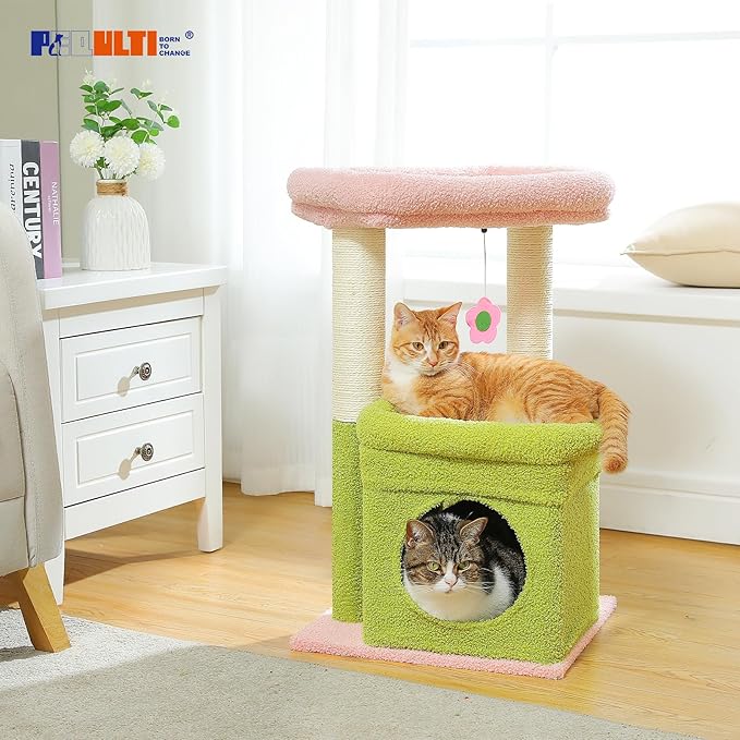 PEQULTI Cat Tree Flower Cat Tower for Indoor Cats with Private Cozy Cat Condo, Natural Sisal Scratching Posts and Plush Pom-pom for Small Cats, Pink
