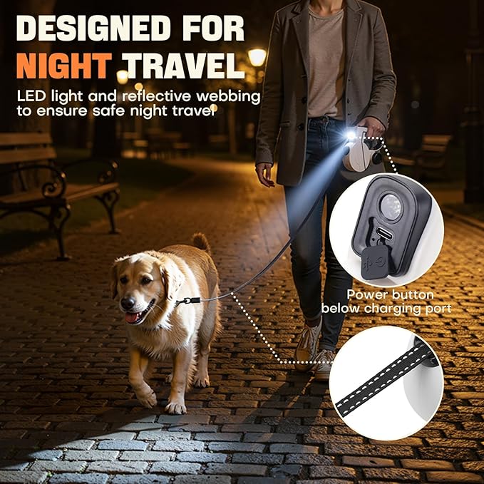 Retractable Dog Leash with LED Light & Reflective Tape for Night Walk, 16ft Dog Leash with Poop Bag Dispenser, Chew-Proof Steel Cable, One-Button Brake & Lock for Medium Dogs up to 66 lbs (BLK&WHT)