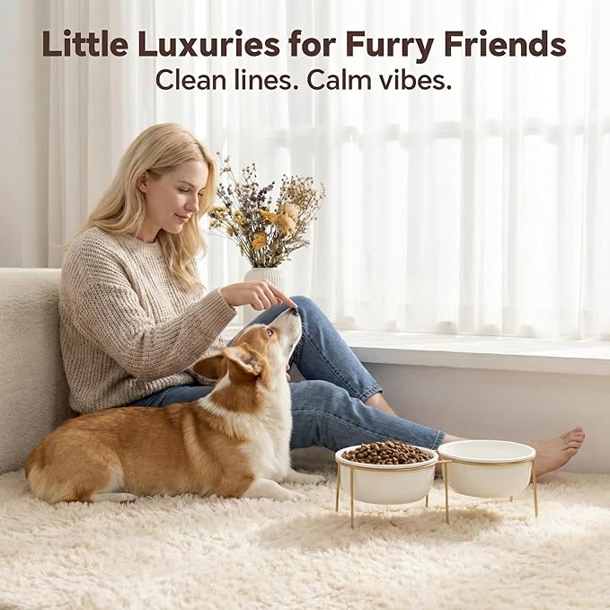 Elevated Dog Bowls for Food and Water - Double Ceramic Bowls with Metal Stand - Raised Feeding Station for Small and Medium Dogs - Each Holds 600ml / 3.2 Cups (Approx. 320g) - White