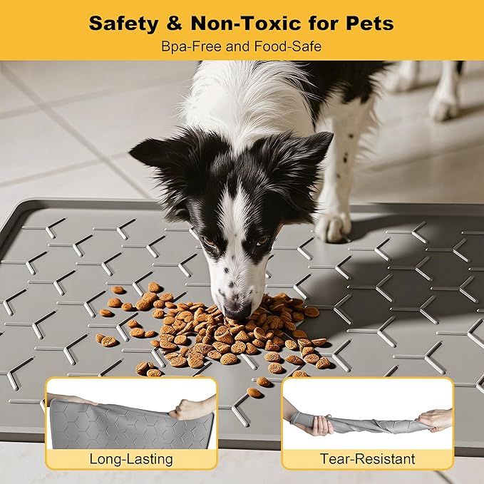 Pieviev 34''x22'' Dog Cat Food Bowl Mat, Silicone Waterproof Food Grade Pet Food Mat for Floor, High Raised Edge to Prevent Spills, Non-Slip & Easy Clean Pet Placemat for Dog & Cat Bowls, Light Gray