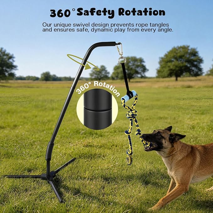 Adjustable Tug of War Dog Toy with 3 Tether Tug Toys, Outdoor Dog Spring Pole Rope Toy with Tripod Base & U-stakes, Hands-free Outdoor Dog Toys for Large Dogs, Interactive Dog Tetherball for Yard