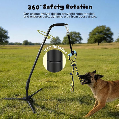 Adjustable Tug of War Dog Toy with 3 Tether Tug Toys, Outdoor Dog Spring Pole Rope Toy with Tripod Base & U-stakes, Hands-free Outdoor Dog Toys for Large Dogs, Interactive Dog Tetherball for Yard