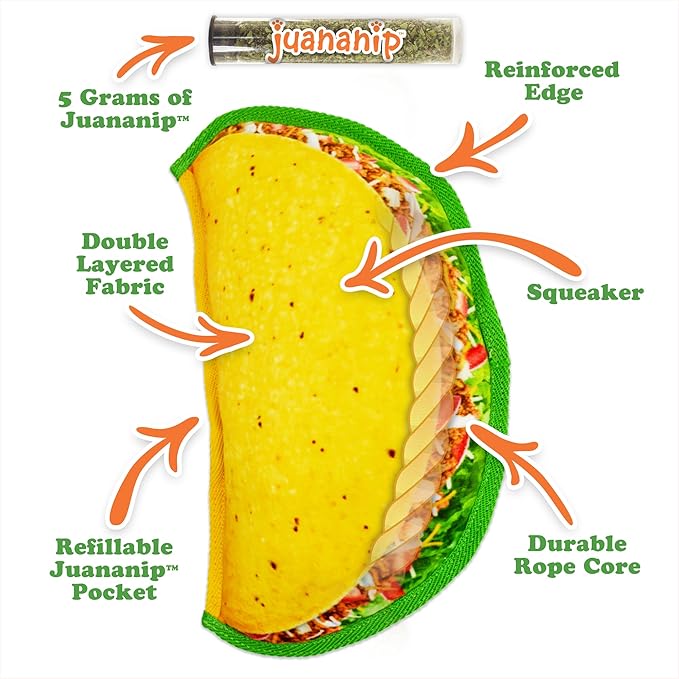Doggijuana Tuffer Chewer Plush Dog Toy | Funny Dog Toy Plush with Juananip Catnip for Dogs | Calming Aid for Dogs | Interactive Squeaky Chew Toy for Play (Taco)