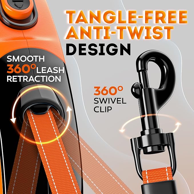 Retractable Dog Leash 18.2 ft – Chew Proof Cable Included – 360° Tangle-Free Design – Heavy Duty Reflective Leash – Soft Anti-Slip Grip Outdoor Daily for Small & Medium Dogs up to 50 lbs (Orange)