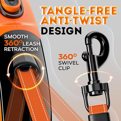 Retractable Dog Leash 18.2 ft – Chew Proof Cable Included – 360° Tangle-Free Design – Heavy Duty Reflective Leash – Soft Anti-Slip Grip Outdoor Daily for Small & Medium Dogs up to 50 lbs (Orange)