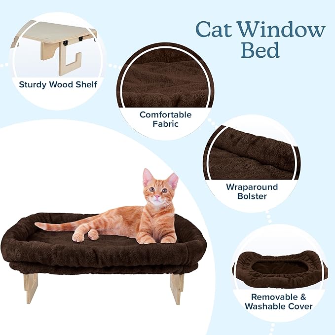 Cat Bed for Window Sill - Cat Window Perch with Bolster and Removable Washable Cover - Window Hammock with Sturdy Wood Frame for Large Cats - Pet Beds for Indoor Cats by PETMAKER (Brown)