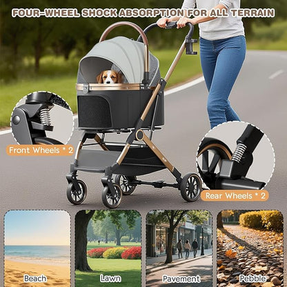 4 Wheels Pet Stroller for Small Medium Dogs Cats Up to 45 lbs Folding Dog Stroller with Detachable Breathable Carrier Suitable for Car Seat, Hand Carry & Travel, All Terrain, 3 in 1 Multifunctional