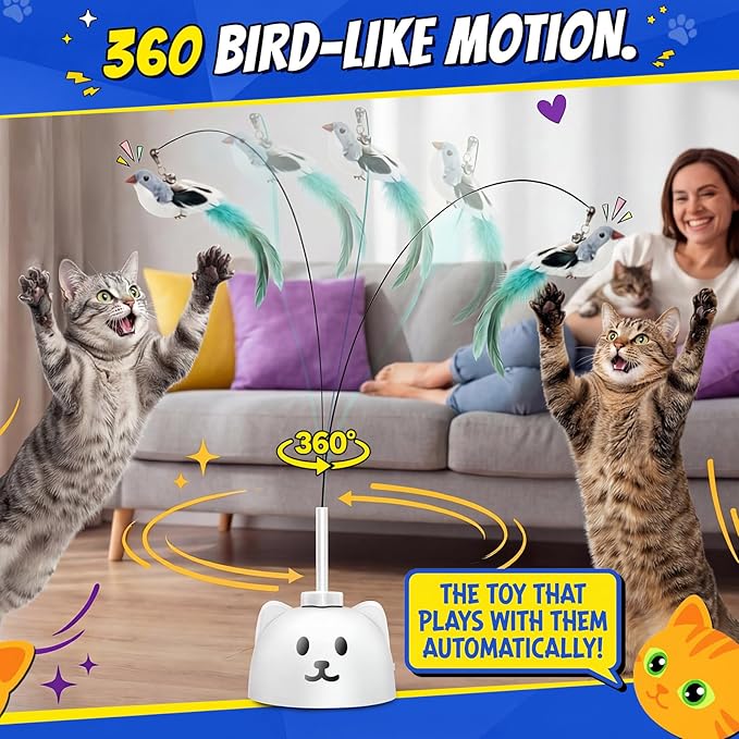 Interactive Cat Toys for Indoor Cats - Automatic Flying Bird Feather Toy, USB Rechargeable Electric Cat Teaser with Strong Sticky Base, Smart Motion Self-Play Toy for Bored Cats(Yellow)