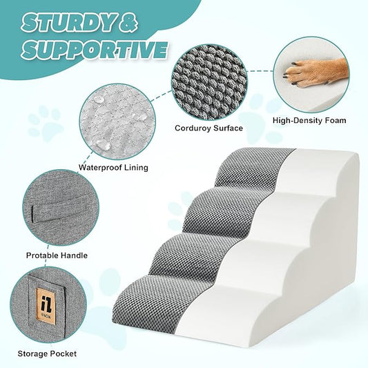 IFNOW Dog Stairs for Small Dogs 15.7''H, 4-Step Sturdy Dog Steps for Bed, Couch, Sofa, Waterproof Pet Stairs for Older Cats, Puppy, Removable Washable Cover, Non-Slip Curved Pet Ramp Indoor, Grey