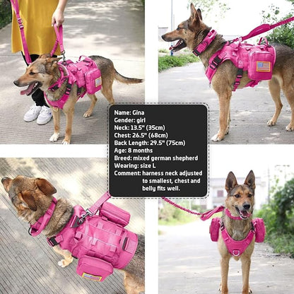 Forestpaw Pink Tactical Dog Harness for Large Dogs,Tactical Dog Collar with Bungee Leash Set,No Pull Military Dog Harness for Walking Training,Adjustable for Medium Large Dogs,Chest 15.5-25.5"
