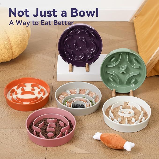 Ceramic Slow Feeder Dog Bowl - Maze Dog Bowl to Slow Down Eating - Feeding Dish for Fast Eaters - Ideal Food Control Dish for Medium to Large Breeds - 8.2 Inch - 1.8 Cups (180g) - White