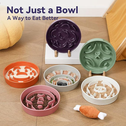 Ceramic Slow Feeder Dog Bowl - Maze Dog Bowl to Slow Down Eating - Feeding Dish for Fast Eaters - Ideal Food Control Dish for Medium to Large Breeds - 8.2 Inch - 1.8 Cups (180g) - Pink