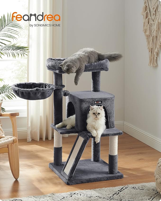Feandrea Cat Tree, 37.8-Inch Cat Tower, Multi-Level Condo with Widened Perch, Scratching Posts and Ramp, 2-Door Cave, Hammock, Smoky Gray UPCT51G