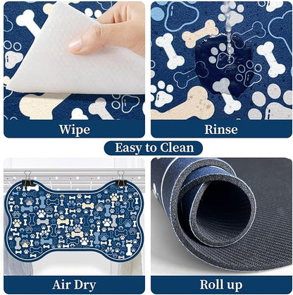 Dog & Cat Food Mat Bone Shaped Pet Feeding Mat Quick Absorb Water Bowl Placemat with Rubber Backing Indoor Floor Stain Resistant Pet Accessory Supplies (Blue, 17x29 Inches)