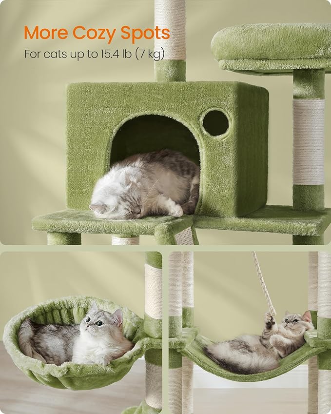 Feandrea Cat Tree, 81.1-Inch Large Cat Tower, Multi-Level Plush Condo with 13 Scratching Posts, 2 Perches, 2 Caves, Basket, Hammock, Pompoms, Green UPCT190C01