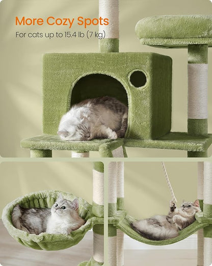 Feandrea Cat Tree, 81.1-Inch Large Cat Tower, Multi-Level Plush Condo with 13 Scratching Posts, 2 Perches, 2 Caves, Basket, Hammock, Pompoms, Green UPCT190C01