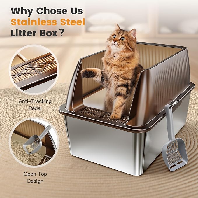 Tripamin 15” XL Stainless Steel Cat Litter Box Enclosure, XXL Stainless Steel High Sides with Lid, Extra Large Metal Cat Litter Box (Transluce, 2-pcs XX-Large)
