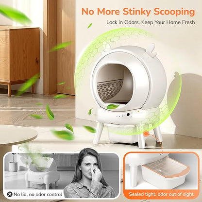 Automatic Self Cleaning Litter Box, Cat Litter Box with APP Control, 65L Globe & Dual Safety Sensors, Robot Litter Box, 1 Roll Garbage Bags and Litter Mat, <35DB, for Multiple Cats, White