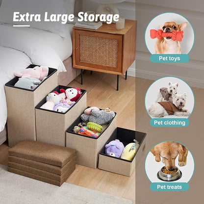 Dog Stairs with Storage, 4-Step Wider Sturdy Dog Steps for Small/Medium/Large Dogs and Older Cats, Folding Doggie Ramp for Bed/Couch/Car Hold Up to 180 lbs (22" H, Beige)