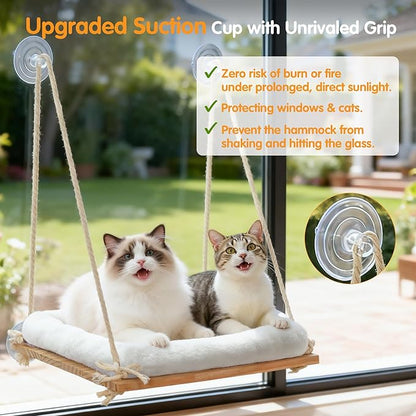 Cat Window Perch, Rustic Cat Hammock Bed with Solid Wood Seat 4 Heavy Duty Suction Cups, Plush Cushion, Indoor Pet Window Hammock for Cats for Large Cats (XL)
