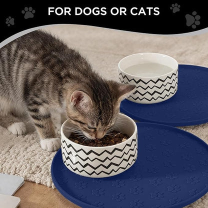 Comtim Waterproof Dog Food Mat - 2 Pack Silicone Pet Food Mat Dog Food Bowl Mats Cat Water Mats Eating Tray, Non-Slip Pet Placemat with Lip for Messy Drinkers to Protect Floor,Navy Blue 11"×11"