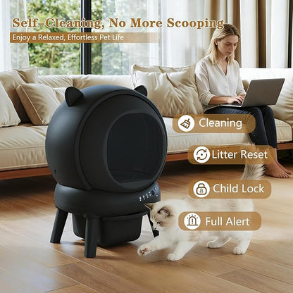 Self Cleaning Litter Box, Automatic Cat Litter Box for Multiple Cats, Auto Litter Box Robot with APP Control, Dual Safety Sensors, Odor Control&Low Noise, Cat Ears Design, Dark Grey