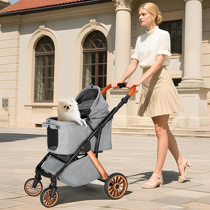 MAMIZO Foldable Dog Stroller for Medium Dogs Cats Up to 55 Lbs, Adjustable Height Handle, Pet Stroller with Aluminum and Carbon Steel Frame, Sun Shades, Storage Basket & Shock Absorbers, All-Terrain