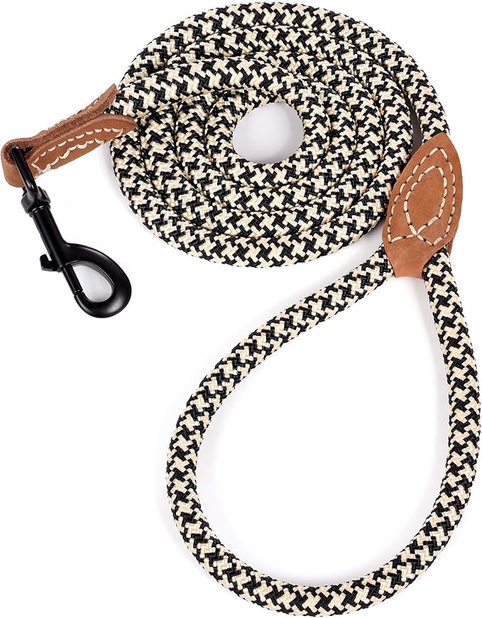 Mile High Life Rope Leash with Genuine Leather Connection, 6 FT/5 FT/4 FT, Heavy Duty Leash for Medium & Large Dogs (Black Khaki, 72 Inch)