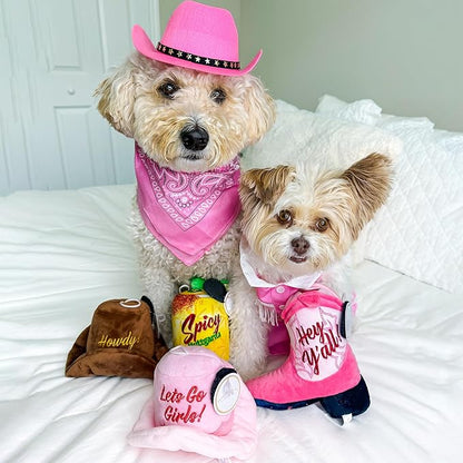 Haute Diggity Dog Cowboy Hat Plush Dog Toy for Medium & Large Dogs, Western-Inspired Stuffed Dog Toys with Interactive Squeaker, Mesh Lining, Machine-Washable, Durable & Safe, One Size, Brown