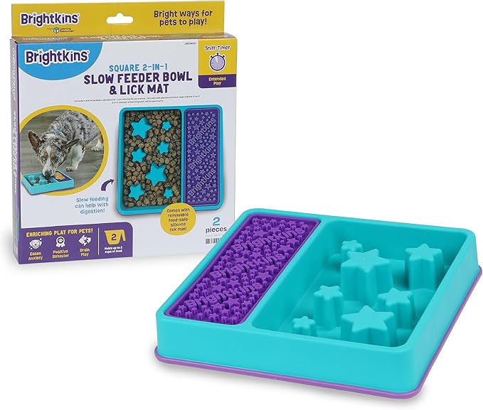 Brightkins Square 2-in-1 Slow Feeder Bowl and Lick Mat - Slow Feeder Dog Bowls, Dog Bowls for Fast Eaters, Interactive Puppy Bowl, Cat Food Puzzle, Puzzle for Dogs, Pet Dishwasher Safe Lick Mat