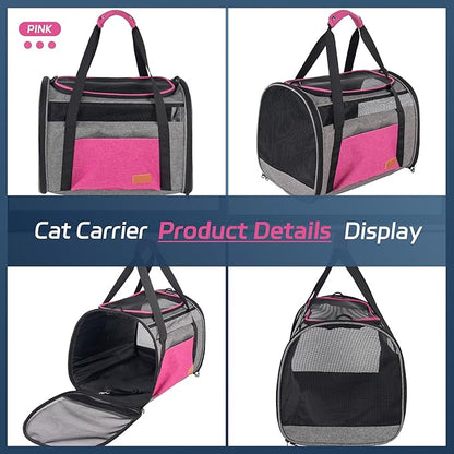 Large Cat Carrier for 20 lbs Pets - Soft Sided Breathable Mesh Travel Carrier, Airline Approved, Washable for Small Dogs Puppies, Foldable, Pink