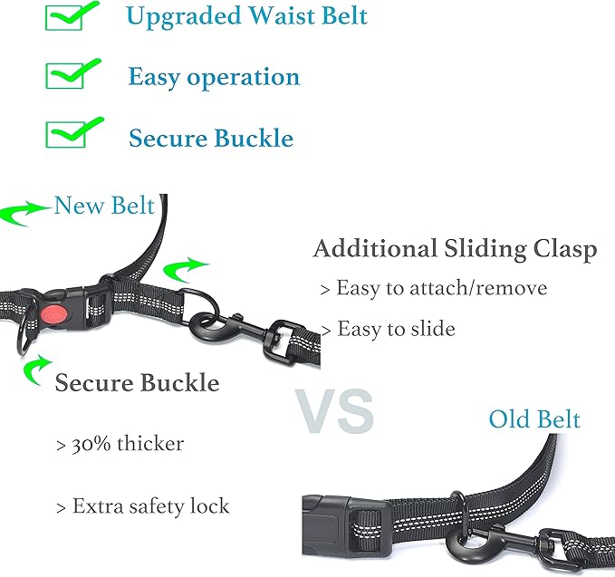Hands Free Dog Leash for Running, Walking, Hiking, Durable Dual-Handle Bungee Leash with Reflective Stitching and an Adjustable Waist Belt, for Up to 150 lbs Large Dogs (Medium/Large, Black)
