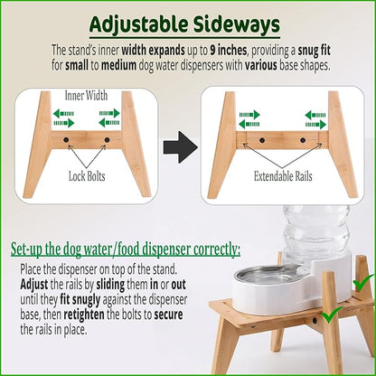 Dog Water Bowl Dispenser Stand for Medium Breeds - Elevated Raised Automatic Dog Food Feeder Holder - Adjustable Fit - Durable Bamboo