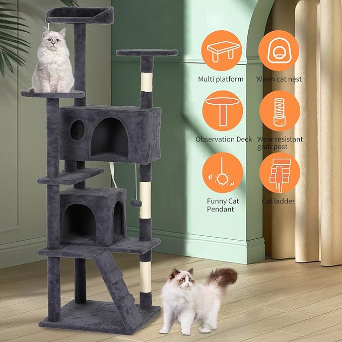 BestPet | 62" Cat Tree Tower | Dark Gray | Sturdy, Easy to Assemble, Multi-Level Activity Center with Sisal Scratching Posts, Condos, Perches, Hanging Cat Toys, Observation Decks & Ladder