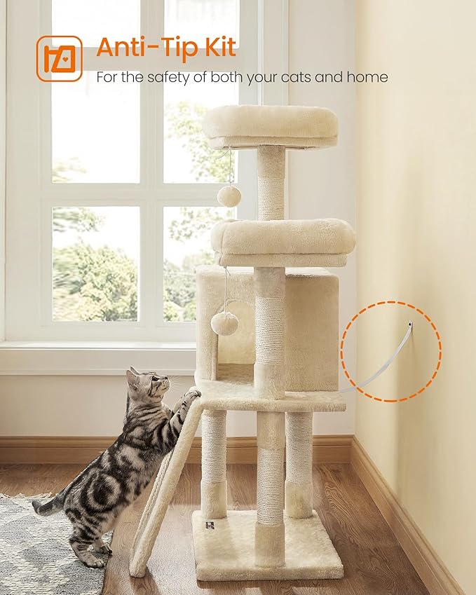 Feandrea Cat Tree, 45.3-Inch Cat Tower, Plush Condo with Scratching Post, Ramp, Perch, Spacious Cave, for Small Space, Beige UPCT141M01