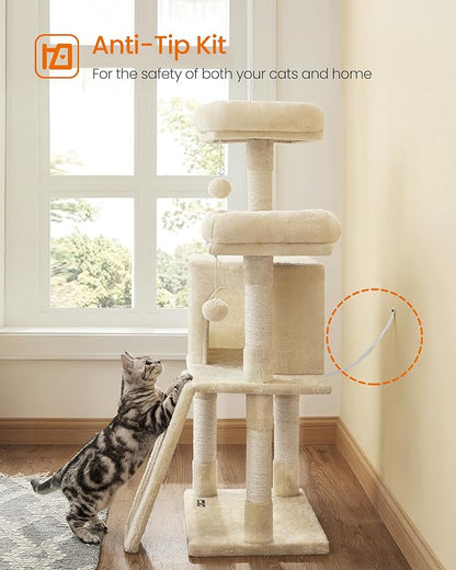Feandrea Cat Tree, 45.3-Inch Cat Tower, Plush Condo with Scratching Post, Ramp, Perch, Spacious Cave, for Small Space, Beige UPCT141M01