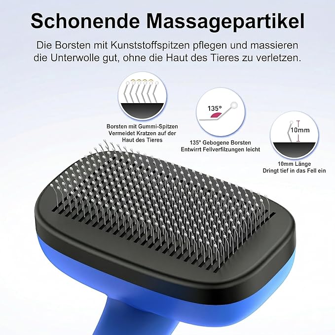 Self Cleaning Slicker Brush for Dog, Cat, Skin Friendly Shedding & Grooming Tool for Long and Short Haired Pets, Easy Clean Retractable Bristles, Blue