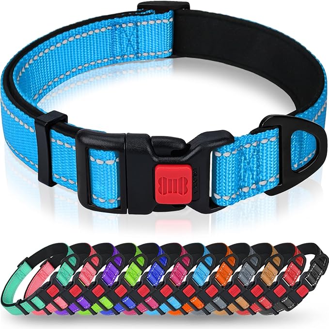 Taglory Reflective Dog Collar with Safety Locking Buckle, Soft Neoprene Padded Dog Collar for Extra Large Dogs, Metal D-Ring, Adjustable Nylon Neck Strap for Walking, Training & Running, Sky Blue, XL
