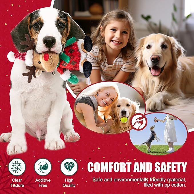 Christmas Dog Toy Set, 5 Pack Plush & Balls with Gift Bag – Reindeer, Santa, Hedgehog & Tennis Balls, Squeaky Durable Toys for Small Medium Dogs, Holiday Pet Gift Bundle