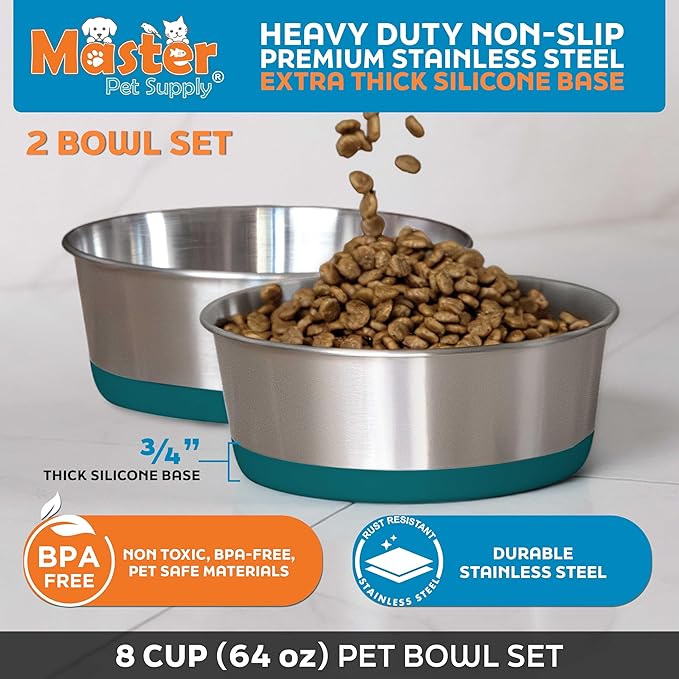 Master Pet Supply Stainless Steel Dog Bowls Set of 2 with Extra Thick Silicone Base - 8 Cup (64 oz) Emerald Sea, Non-Slip, Dishwasher Safe Metal Bowls, Pet Dog Food Bowl for Dogs, Cats, Anti Rust