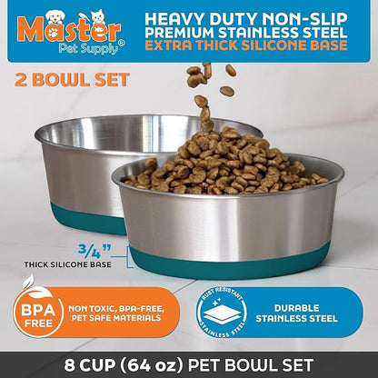 Master Pet Supply Stainless Steel Dog Bowls Set of 2 with Extra Thick Silicone Base - 8 Cup (64 oz) Emerald Sea, Non-Slip, Dishwasher Safe Metal Bowls, Pet Dog Food Bowl for Dogs, Cats, Anti Rust