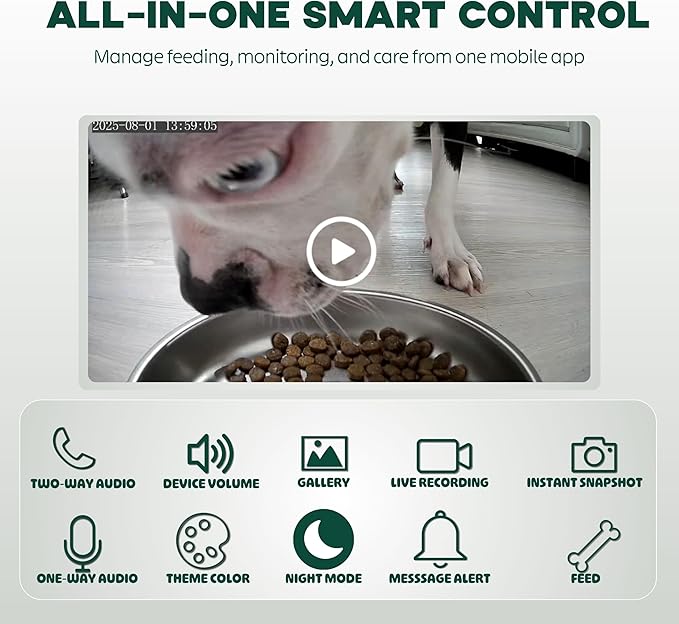 Automatic Cat Feeder with 1080P HD Camera – Timed Dry Food Dispenser for Cats and Dogs, App Control, 6L Capacity, Portion Control, Scheduled Meals, Two-Way Audio