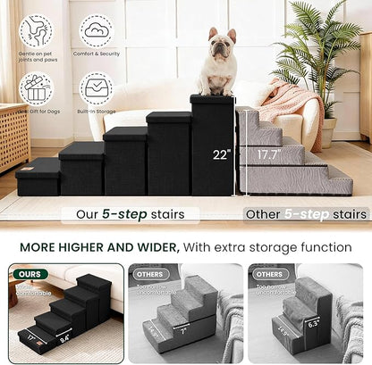 Love's cabin Dog Stairs for High Bed 22" H, Foldable Pet Stairs for Small Medium or Large Dogs Puppy with Storage for Bed or Couch, Cat Dog Steps Ramp with Zip up to 200 lbs, Black, 5 Steps
