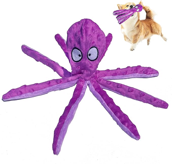 Squeaky Dog Toys for Small, Medium and Large Breeds - Durable and Soft Crinkle Plush Puppy Toys for Boredom (Purple Octopus 1PC)