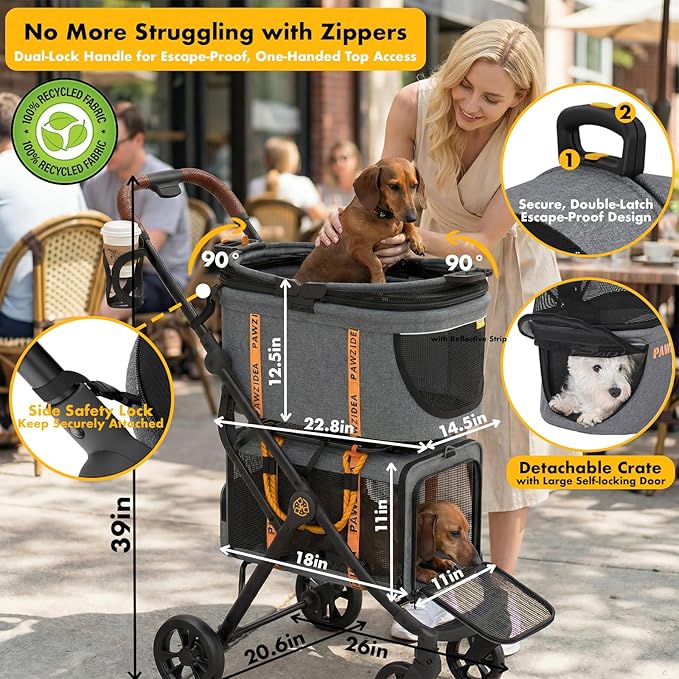 PAWZIDEA Double Pet Stroller with 2 Detachable Carrier, Lightweight Portable Travel Crate & Car Seat Combo & TSA-Approved Expandable Carrier, Foldable Jogger Stroller for 2–4 Cats or Small/Medium Dogs