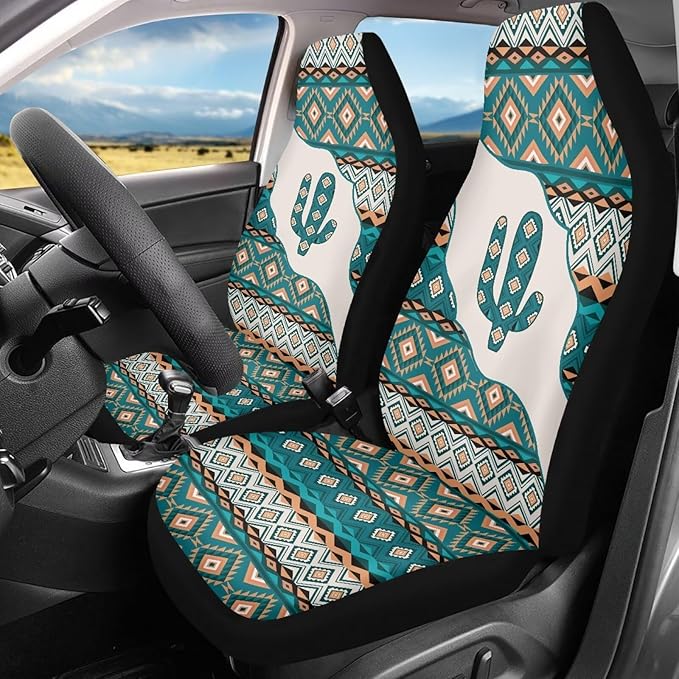 Car Accessories Car Seat Covers for Women Men Breathable Green Aztec Cactus Front Seat Cover All-Season Protection Universal Fit Trucks SUV Van Fashion Auto Interior