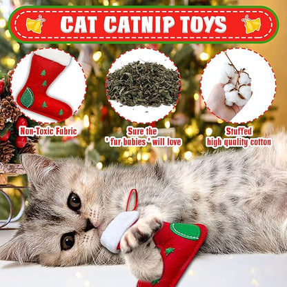 Cat Christmas Stocking, 10 Pack Gifts for Christmas, Interactive Feather Toy with Catnip, Cat Ball Toys, Crinkle Balls, Mice Toys for Indoor Cats & Kitten