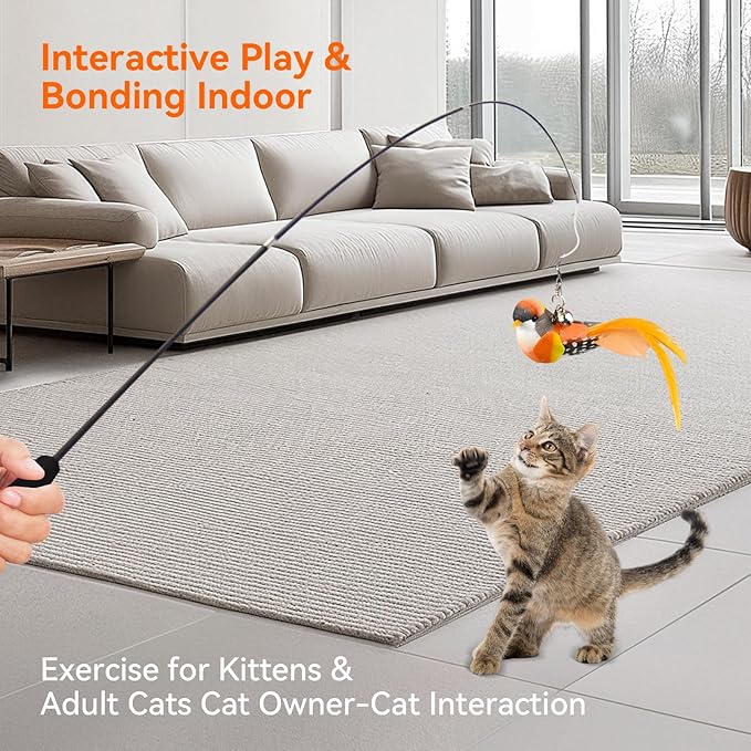 Cat Toy Set 11PCS: Interactive Bird Toys for Indoor Kittens & Cat Teaser Wand, 39" Fishing Pole + 18.5" Short Telescopic Wand, 2 Wires, 6 Feather & 1 Bird Toy – EVA Handles, Exercising, Playing